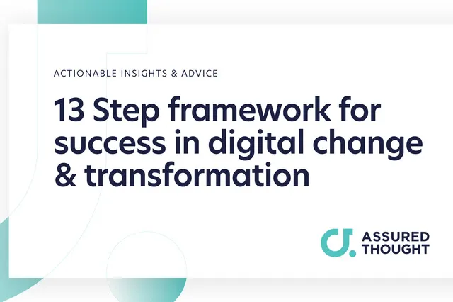 A pale blue 'a' is in the background for the Assured Thought logo. A white overlay with dark blue text states "Actionable insights & advice: 13 step framework for success in digital change and transformation"